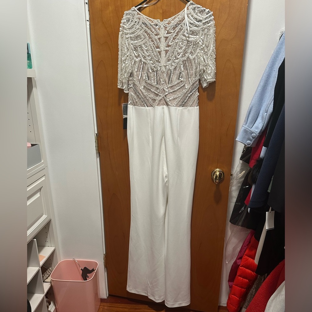 Aidan Mattox Ivory Jumpsuit with Silver Beaded Bodice